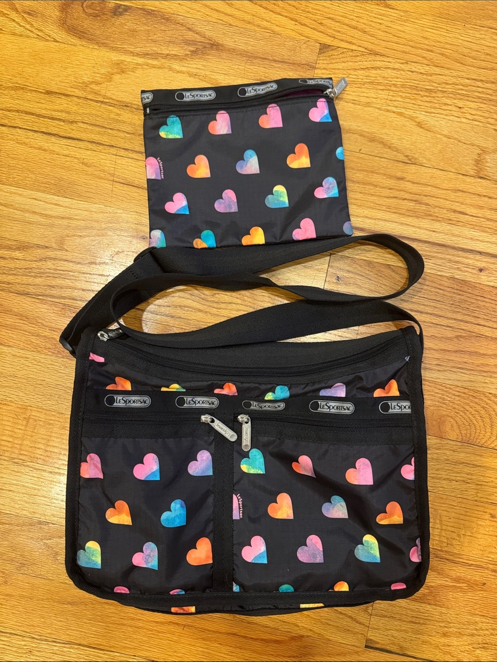 LeSportsac Black Crossbody Bag with Multicolor Heart Print - with matching pouch
